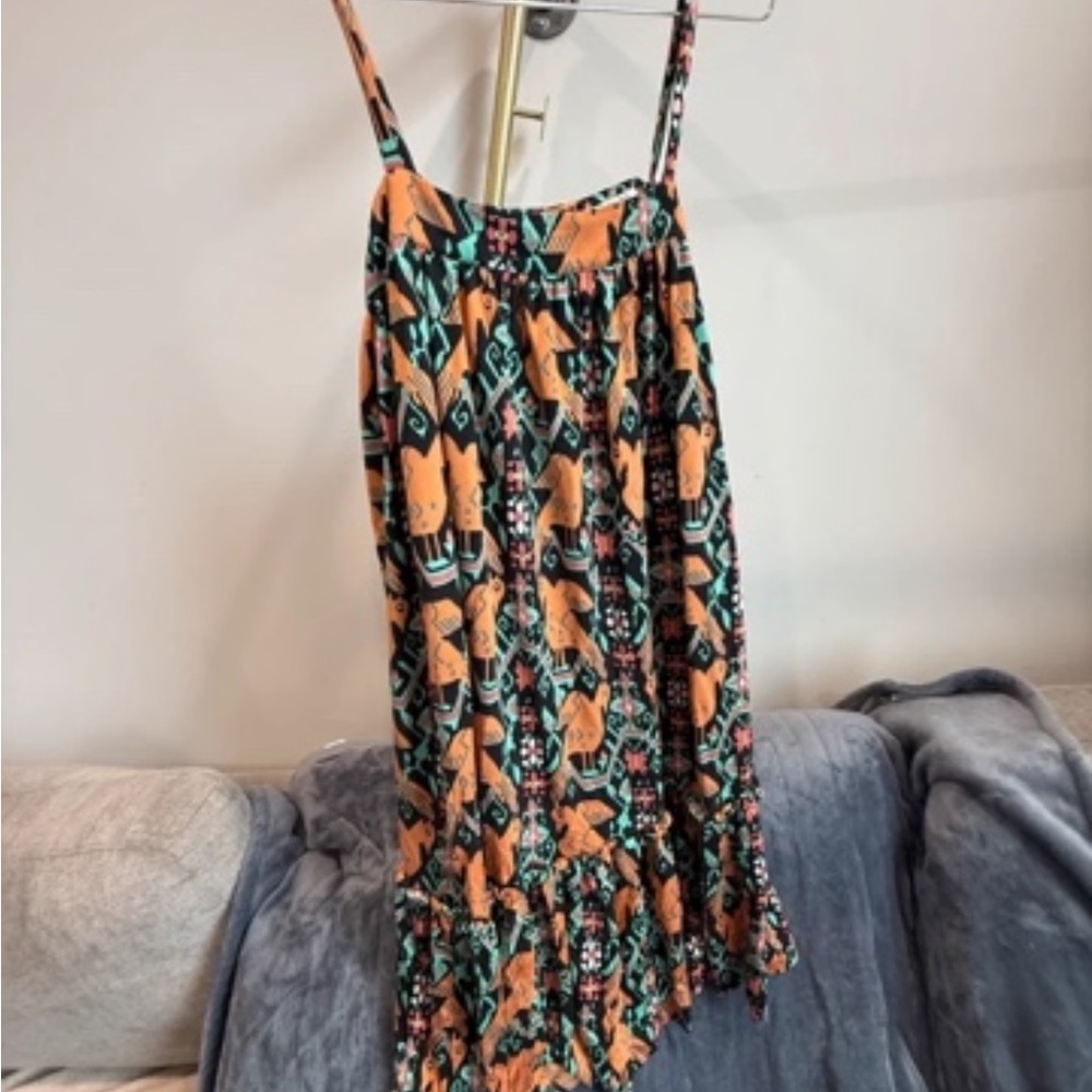 Nieves Lavi Black Maxi Dress with Orange & Teal Floral-Geometric Print
